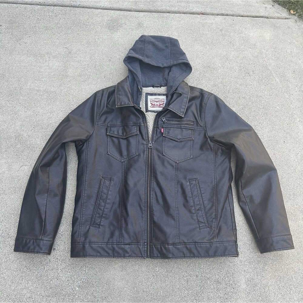 Levi’s Men’s Black Faux Leather Hooded Sherpa Trucker Jacket Full Zip Size L